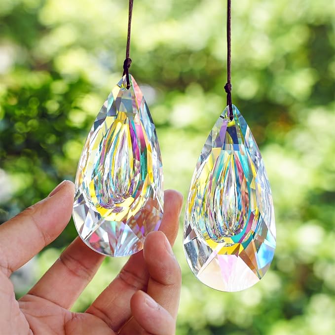 2pcs 89mm Hanging Crystal Prisms Suncatchers, Sun Catcher Indoor Window | Rainbow Maker Crystals for Home Garden Decor,Glass Ornaments For Christmas Tree,Colorful,Large Beads For Suncatcher