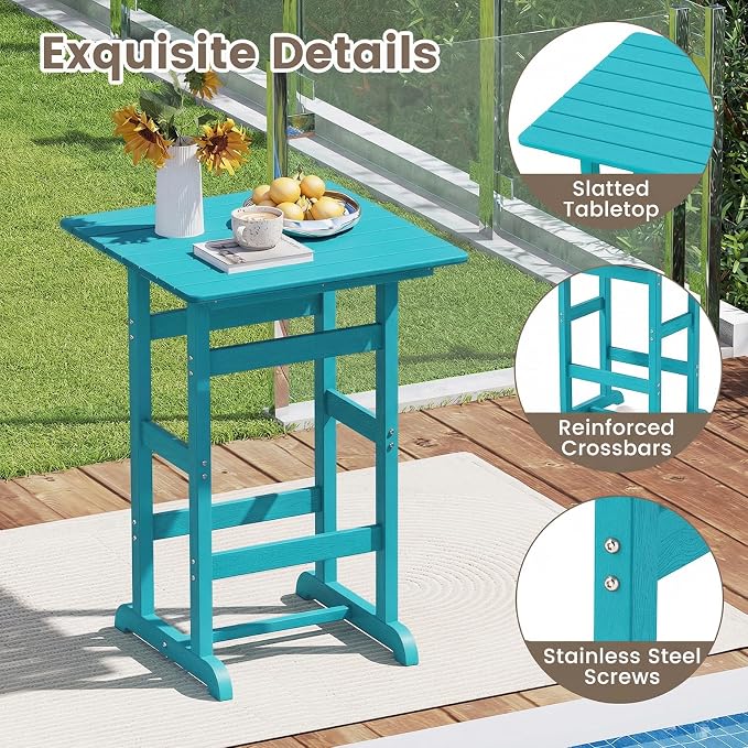 Tangkula 30" x 30" Square Bar Table, Patio HDPE Bar Height Dining Table w/Slatted Tabletop, Outdoor All-Weather High-Top Bistro Table for Poolside, Backyard, Balcony (Turquoise)