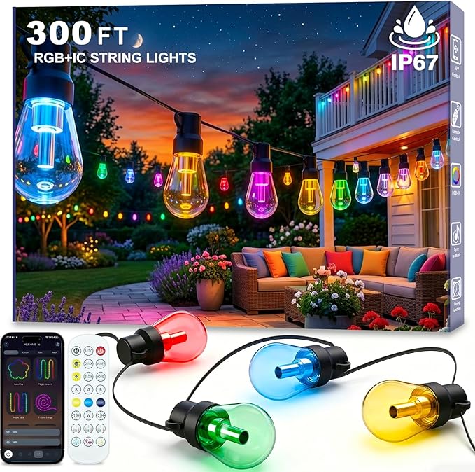 Beizelte Outdoor String Lights, 290FT RGB+IC Outside Light Dimmable Shatterproof LED Bulbs, IP67 Waterproof Chasing Effect Lighting DreamColor Patio Strip Lights for Backyard, Balcony, Outdoor Living