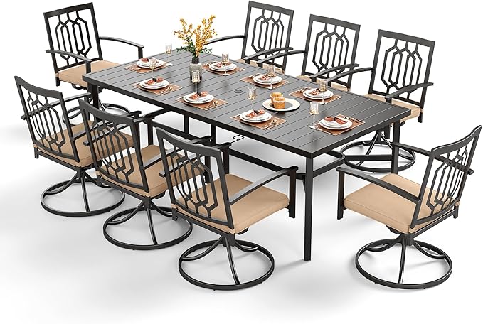 PHI VILLA 9 Pcs Outdoor Dining Set for 8&83" Rectangular Wrought Iron Table | Steel Table w/ Umbrella Hole&Swivel Metal Chairs,Outside Furniture Set for Patio, Porch, Deck, Backyard