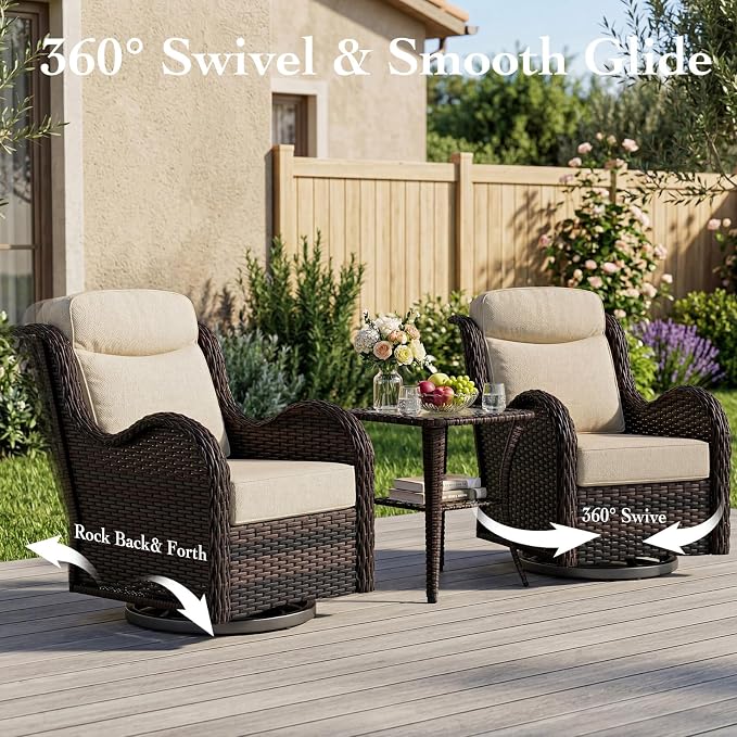 7 Pieces Outdoor Patio Furniture Set with 5" Thick Cushions, Weather-Resistant Wicker High Back Swivel Rocker Chairs, Patio Conversation Set for Outside Porch Deck Garden，Beige