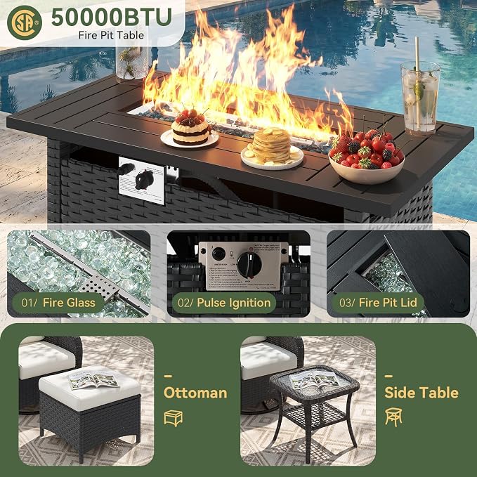 Aoxun 12-Piece Patio Furniture Set with 44” Fire Pit Table, Wicker Outdoor Sectional Sofa with High Back Swivel Rocker Chairs, Outdoor Patio Furniture Set with Thick Cushions & Ottoman, Beige