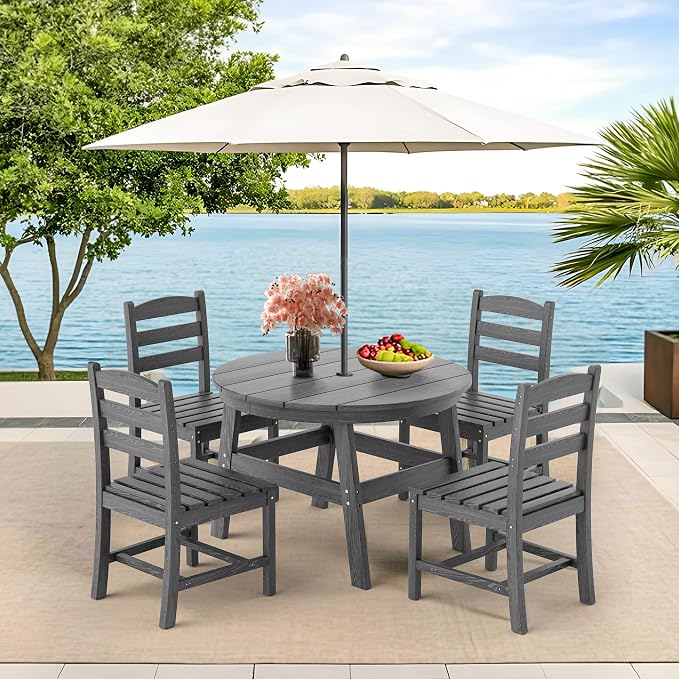 Pamapic 5 PCS Round Outdoor Dining Set, HDPE Outdoor Table and Chairs with 105° Ergonomic Backrest, Wood Grain Patio Dining Table with Umbrella Hole, Gray