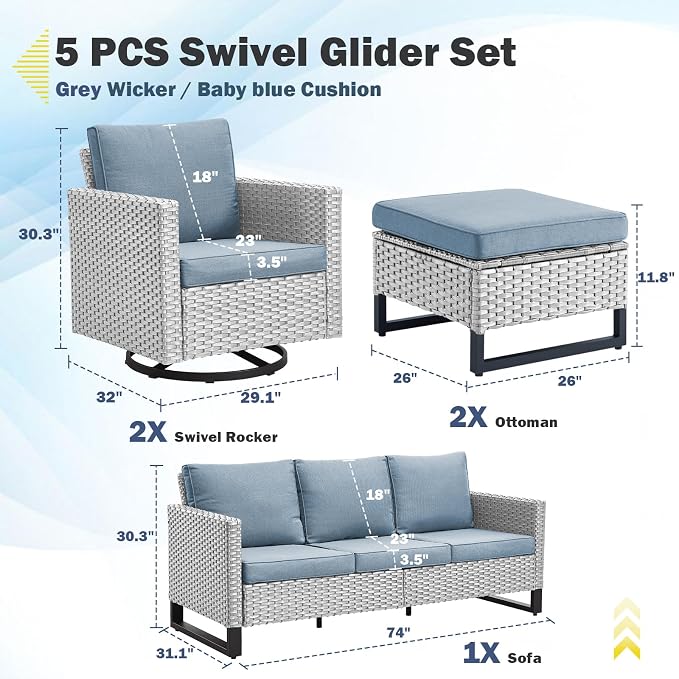 Belord Wicker Patio Furniture 5 Piece Outdoor Sofa Set, Oversize Outdoor Swivel Rocker Chairs with Rattan Ottomans, Conversation Sets Patio Furniture Come with Removable Cushion Baby Blue, Light Grey