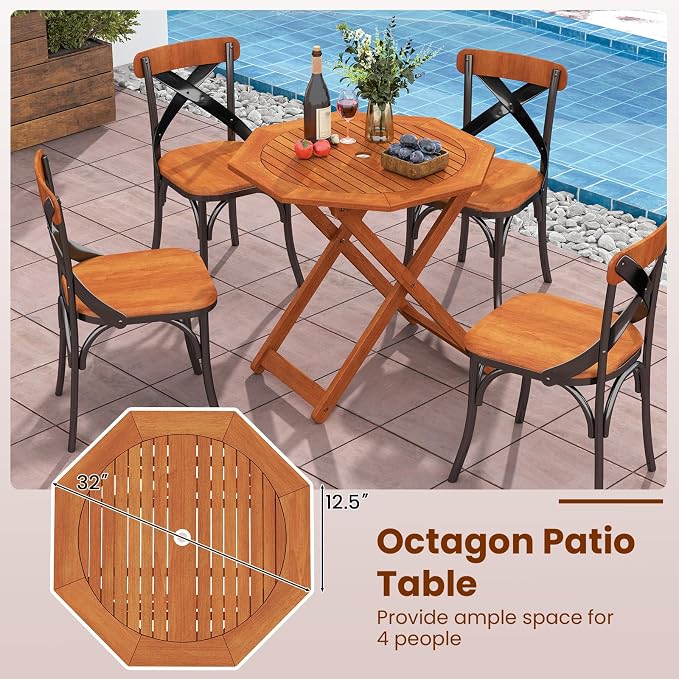 Byroce Outdoor Patio Table, Octagon Folding Bistro Table with Slatted Tabletop & 2” Umbrella Hole, Solid Wood Outdoor Dining Table, Portable for Backyard, Poolside & Balcony (1)