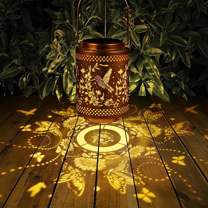 2 Pack Hummingbird Solar Lanterns Garden Decor Birthday Gifts for Women | Metal Hanging Solar Lights Waterproof Outdoor Decoration for Outside LED Lanterns for Yard Gifts for Mon Grandma