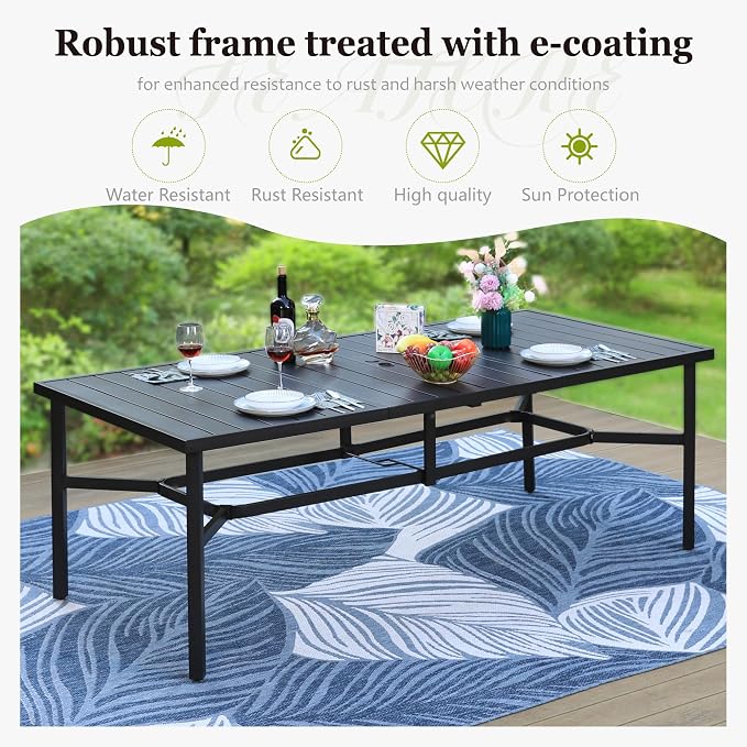 HERA'S HOUSE 9pc Outdoor Patio Dining Set for 8, Textilene Chairs, Brown | 83" Rectangular Metal Table with umbrella hole. Waterproof, rust-resistant, all-weather for backyard, porch