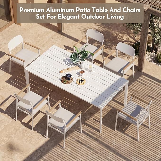 Modern Shade Luxury Outdoor Dining Set for 7, Outdoor Table and Chairs Set with Fade Resistant Cushions & FSC Teak, Premium Aluminum Patio Table and Chairs Set for Elegant Outdoor Living, White