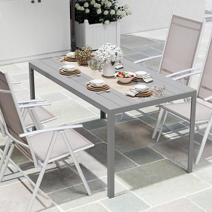 LUCKYERMORE Outdoor Dining Table for 6 Person, Outdoor Patio Table with Slat Tabletop and Aluminum Frame, 55" x 31" Patio Dining Table Rectangle Table for Deck Garden Lawn Backyard, Grey