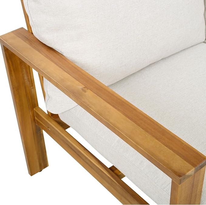 Christopher Knight Home Kayahs 3 Pieces Acacia Wood Furniture Set, Patio Conversation Sofa with Coffee Table and Ottoman, Outdoor 3-Seater Sofa Set for Backyard Balcony Gardern, Teak Finish+Beige