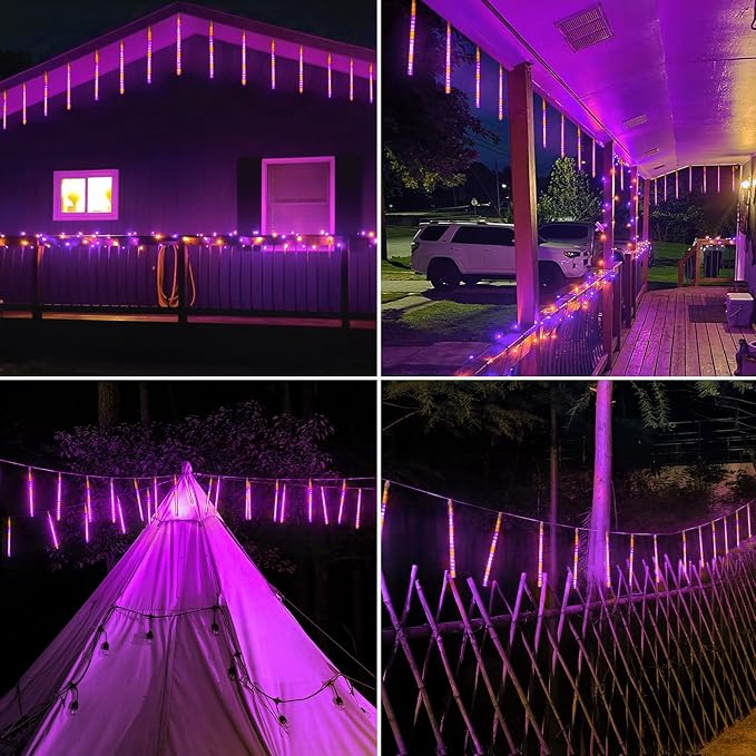 JMEXSUSS Orange and Purple Solar Halloween Lights Outdoor | 8 Tube 144 LEDs Solar Meteor Shower Rain Lights for Halloween Tree Yard Party Patio Christmas Decoration