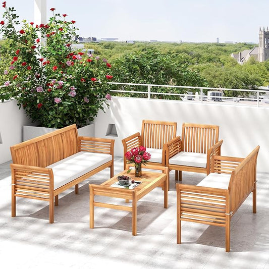 RELAX4LIFE 5-Piece Patio Furniture Set - Acacia Wood Sofa Set w/3-Person Bench, Loveseat, 2 Chairs, Coffee Table & Cushions, Balcony Furniture for Garden Poolside Yard Porch, Outdoor Conversation Set