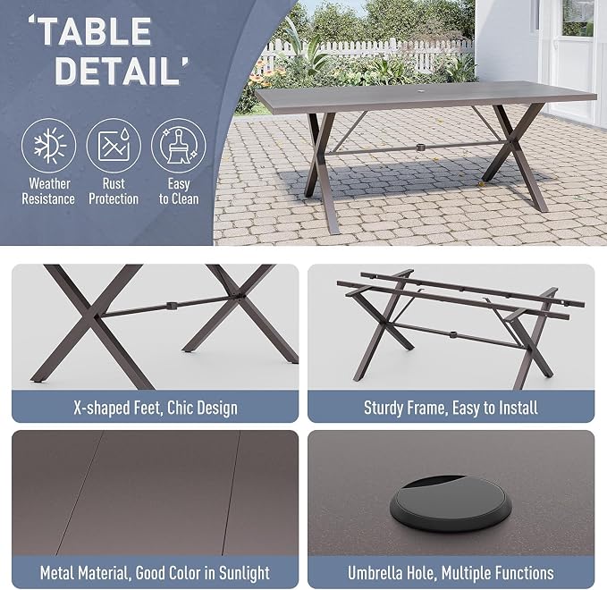 7 Piece Outdoor Dining Set for 6, Metal Patio Table and Chairs with Cushions, Patio Furniture Set with 2 Swivel Chairs, Rectangular Patio Dining Table with Umbrella Hole, Lawn Deck, Yard-Sand