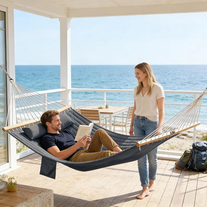 Double Hammock Outdoor Patio Garden Spreader Bars Gray | Quilted Polyester Extra Wide 2 Person Hammock Beechwood Spreader Bars Detachable Pillow Pocket and Hanging Kit Included