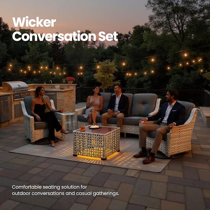 5 PCS Patio Conversation Set, All-Weather Rattan Wicker Outdoor Patio Furniture Sets with High Back Swivel Rocker Chair, Solar Light Coffee Table for Porch,Backyard,Balcony,Black
