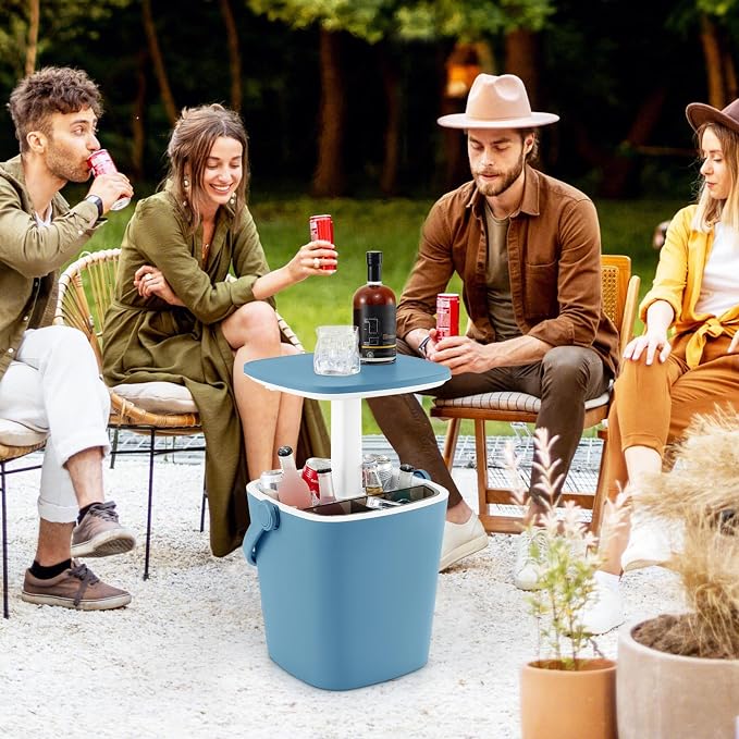 COSTWAY Outdoor Cooler Table, 4-Gallon Portable Cooler Side Bar Table with Handle, Lift Top Lid and Bottle Opener, Patio Furniture Cocktail Drink Table for Party Beer Wine Beverage (Blue)