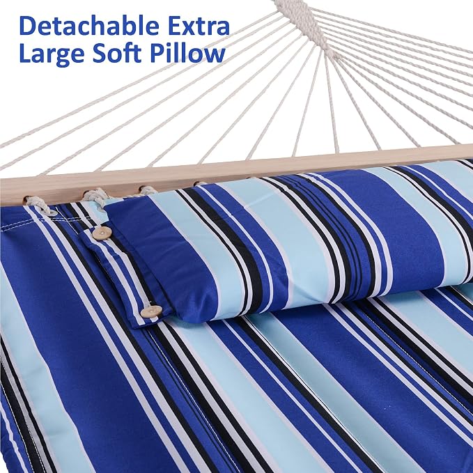 SUNCREAT Two Person Hammock with Stand Included Heavy Duty, Free Standing Hammocks Outdoors for 2 Person, Max 475lbs Capacity, Blue Stripes
