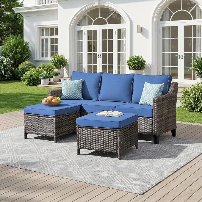 Outdoor Furniture Set of 3, Patio Furniture Sofa and Ottomans, High Back&Deep Seat for Garden Deck Porch Balcony Backyard - Blue