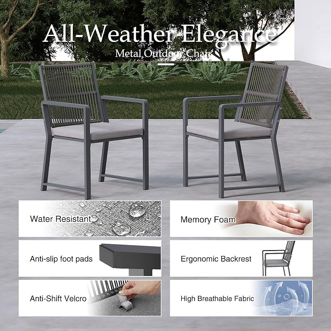 Outdoor Patio Wicker Rattan Dining Chairs, Heavy-Duty Wrought Iron Frame Supports 400lbs, Ergonomic Backrest, Detachable Breathable Cushion, for Garden & Porch, Dark Gray, Set of 2