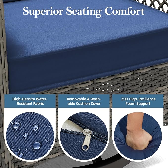 Outdoor Patio Furniture Set with Swivel Chairs and Ottoman, 6 Pieces All-Weather Wicker Patio Conversation Sets with Sofa and Coffee Table for Backyard, Porch, Balcony, Blue