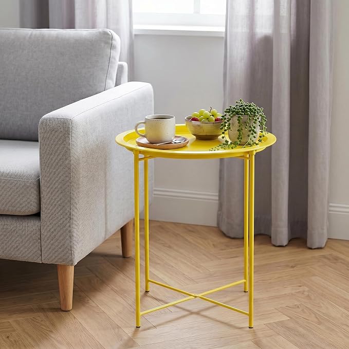 VECELO Side/End Table, Folding Round Metal Anti-Rust and Waterproof Outdoor or Indoor Tray for Living Room Bedroom Balcony and Office, 2 PCS, Yellow
