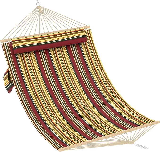 Double Quilted Hammock for 2 Adults – 350cm Large Outdoor Garden Swing Bed with Hardwood Spreader Bars, Detachable Pillow, Heavy-Duty 450lbs Capacity, Weather-Resistant, Ideal for Patio