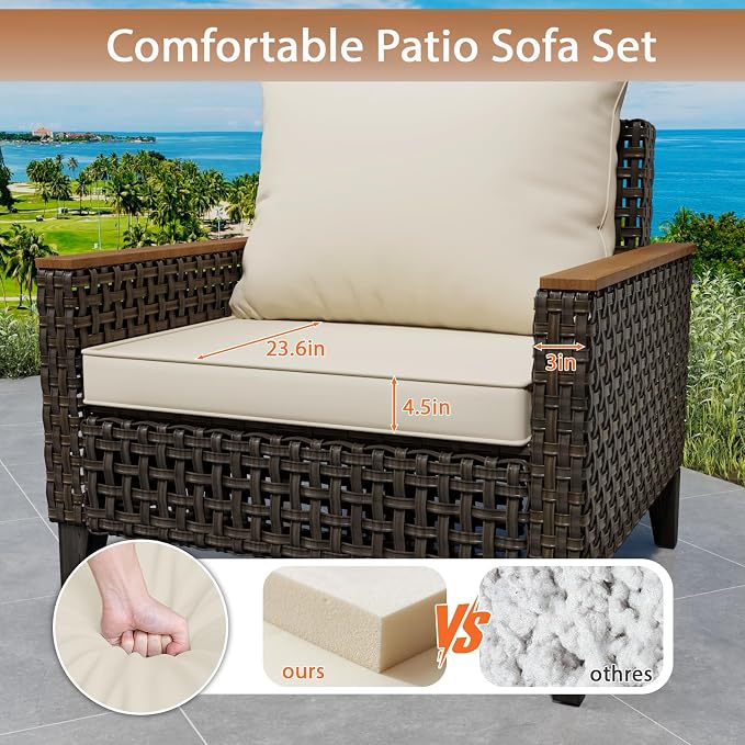 14 Piece Patio Sectional Sofa Furniture Set, All-Weather Wicker Rattan Outdoor Conversation Set with High Back and Thick Cushions, for Garden, Porch, Poolside, Beige