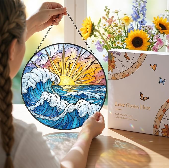 Statement Deluxe Bundle | Stained Glass Window Hanging, Ocean Sunrise 3D Embossed Diamond Glass Suncatcher, 7-Piece Coastal Gift Set with Crystal Pendant & Invisible Hooks