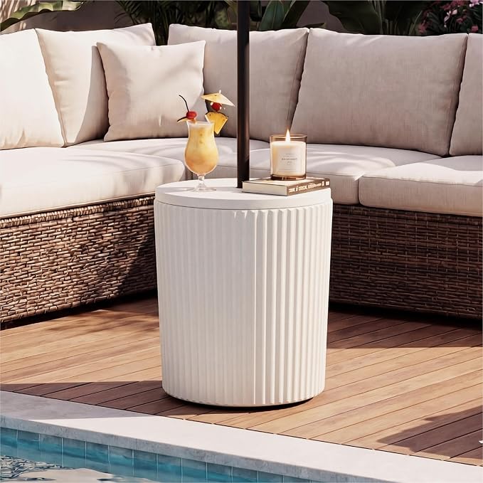 HOMPUS Umbrella Side Table, Outdoor Patio Table with Umbrella Hole, Round Patio Stand for Porch, Poolside & Garden, Composite Material, Modern Coffee End Table, Easy Assembly, White