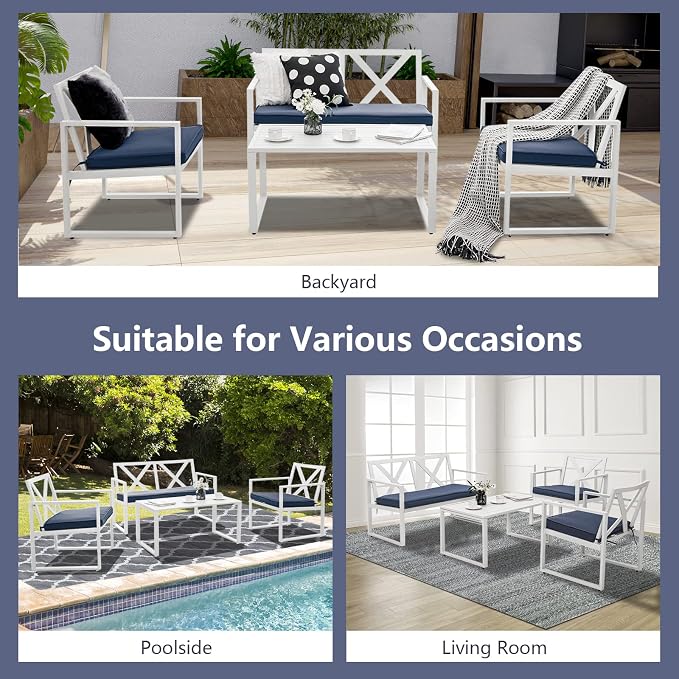 Tangkula 4 Pieces Outdoor Conversation Set, Patiojoy Heavy Duty Steel Frame Patio Chairs with Coffee Table Set, Soft Seat Cushions, for Garden, Backyard, Poolside, Balcony and Deck (Navy)