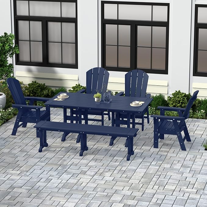 WestinTrends Malibu 6 Piece Adirondack Patio Dining Set with Bench, All Weather Poly Lumber Outdoor Table and Chairs, 71" Trestle Dining Table, 4 Adirondack Chair with Dining Bench, Navy Blue