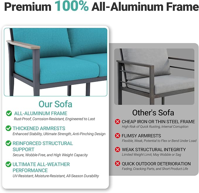 Aluminum Outdoor Patio Furniture Set 5-Seat, Patio Conversation Set Sectional Furniture Set with Swivel Rocking Chairs High Backrest & Thickened Cushions for Garden, Backyard, Poolside, Turquoise