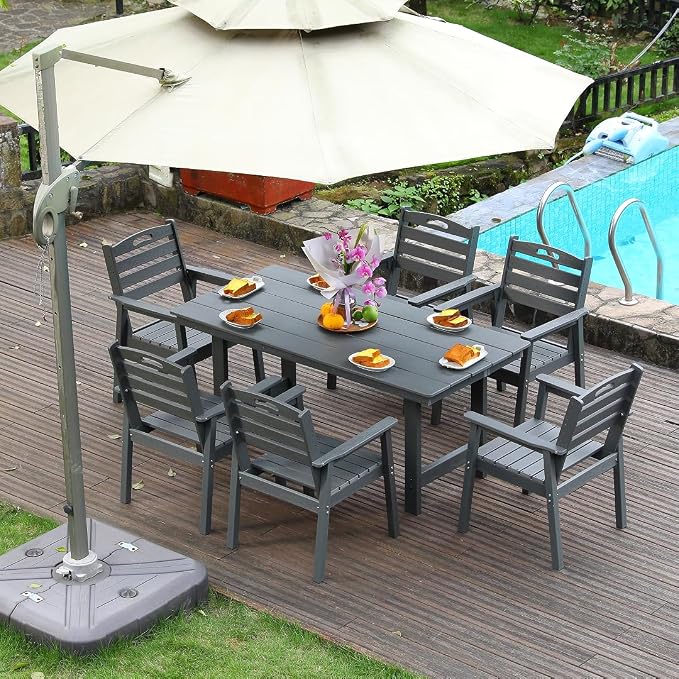 7-Pcs Outdoor Patio Dining Table Set of 6, Outdoor Patio Rectangular 66.9'' Dining Table and Armchair for Garden Backyards Pool Side, Waterproof HDPE Material & 1.95'' Umbrella Hole, Gray