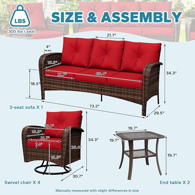 7 Pieces Patio Set, 73" PE Rattan Sofa, Coffee Table, Wicker Swivel Glider Chairs, Outdoor Conversation Furniture with Removble Cushion, Loveseat Couch for Porch, Bistro (Navy Blue)