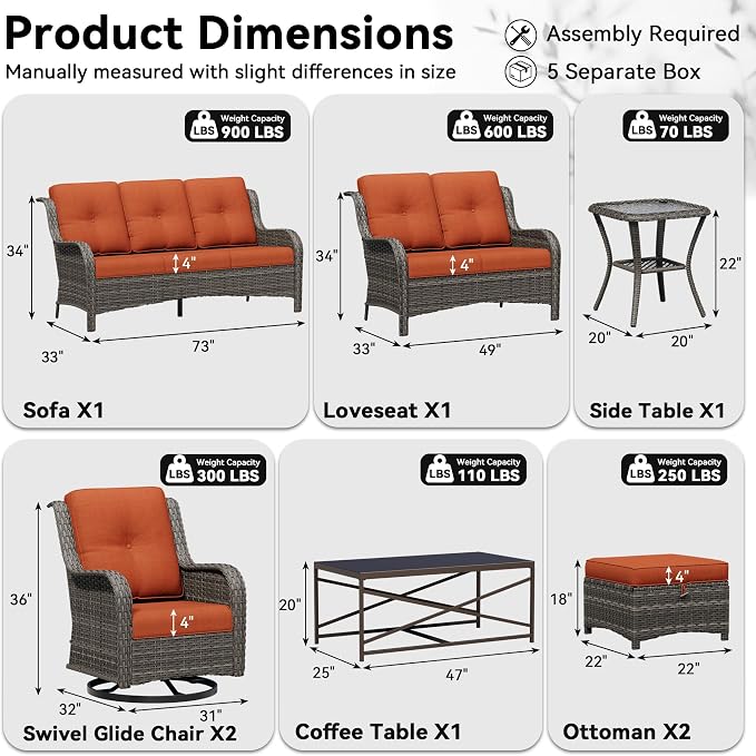 8 Piece Outdoor Wicker Patio Furniture Set, Outdoor Swivel Rocker Patio Chairs Set with Thickened Olefin Cushions, High Back and Deep Seating, Hand-Woven PE Rattan for Porch, Deck