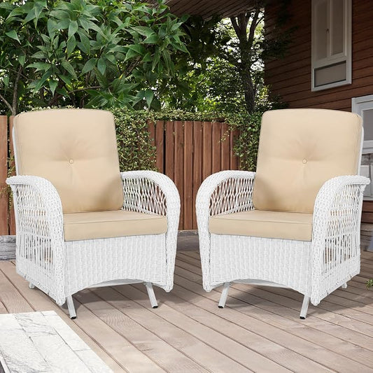 MEETWARM Patio Wicker Rocking Glider Set, All-Weather Outdoor Rattan Patio Rocking Chairs of 2, Patio Conversation Set with Thickened Cushions for Porch Garden & Backyard, White Wicker/Beige