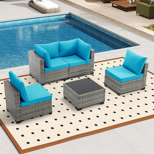 Bonzy Home 5 Pieces Outdoor Patio Furniture Set, PE Rattan Outdoor Sectional Furniture Sofa Set with Removable Cover and Glass Coffee Table, Patio Sofa for Balcony, Porch, Garden, (Grey-Turk Blue)