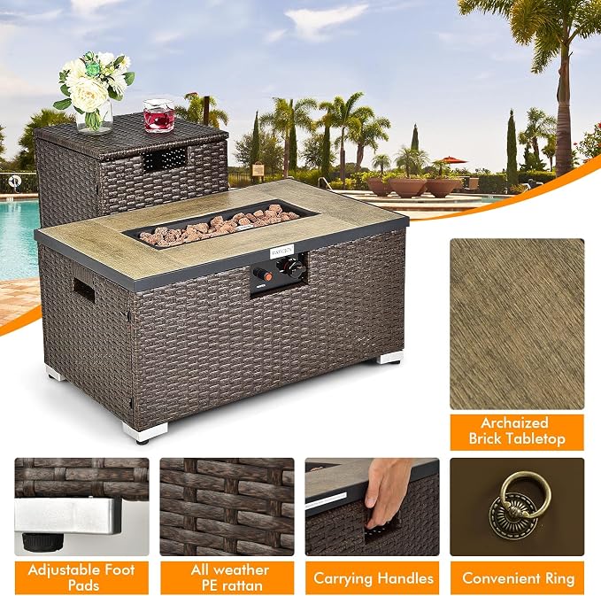 Tangkula 6 Pieces Patio Wicker Furniture Set with 32 Inches Propane Fire Pit Table and Tank Holder, Outdoor Conversation Set with Storage Box and Coffee Table (Red)