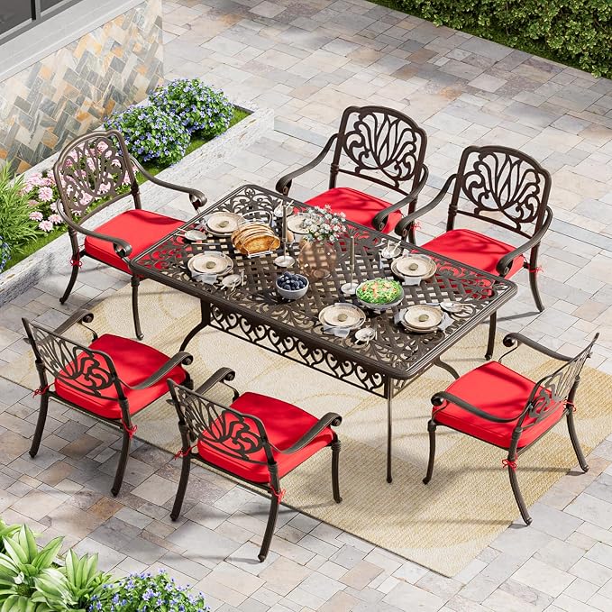 Grepatio 7 Piece Cast Aluminum Patio Dining Set, Outdoor Dining Furniture Set, Patio Table with Umbrella Hole and 6 Dining Chairs with 6 Cushions for Poolside Garden (Red)