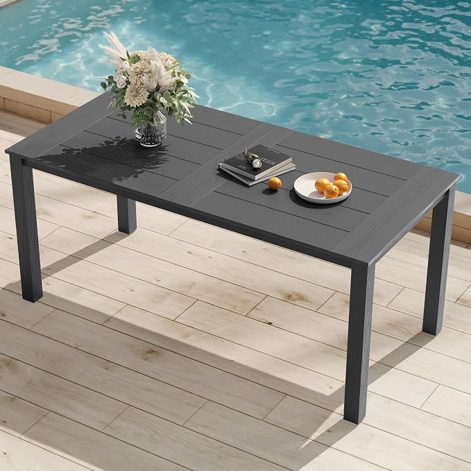 YEFU Outdoor Patio Table HIPS: 67" Rectangle Outdoor Dining Table with Umbrella Hole & Metal Aluminum Frame - All-Weather Patio Dining Table for 6 Person Modern Outside Furniture for Deck Garden Grey