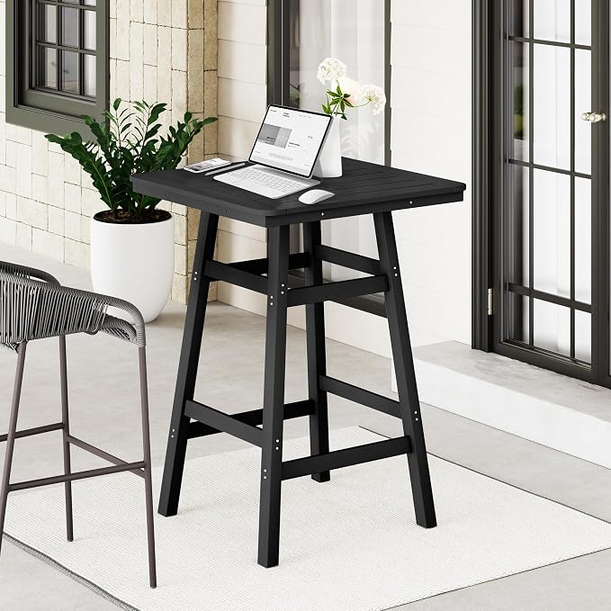 Costaelm Outdoor Bar Table, 42" Counter Height Square Patio Cocktail Bar Table with Umbrella Hole, Patio Bistro Dining Pub Table for Front Porch Deck Backyard Garden, Black
