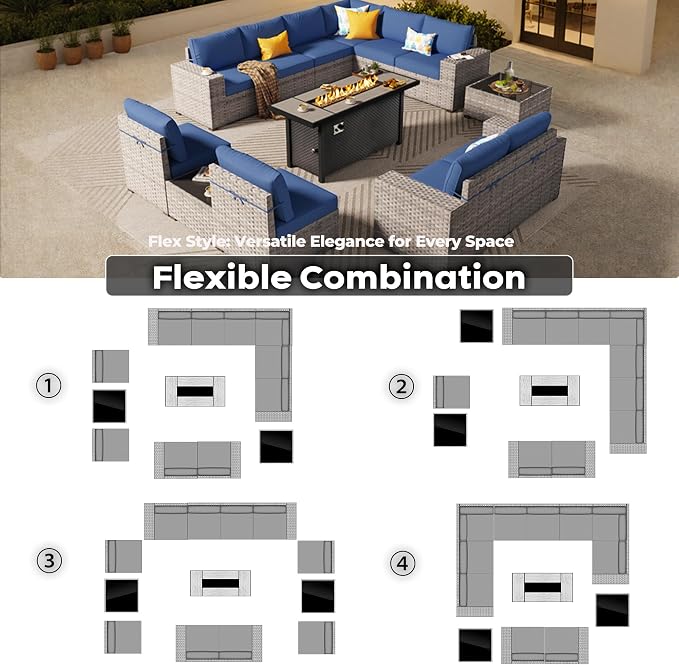 ovios 13 Pieces Patio Furniture Set, Outdoor Wicker Sectional Sofa with 54 Inch Fire Pit Table Comfy Cushions, Modern Modular Deep Seat Rattan Couch Conversation Set, Navy Blue