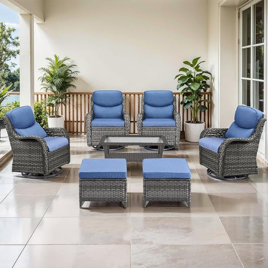 Outdoor Swivel Rocker Patio Chairs Set of 4 with Coffee Table - 5" Thick Cushion 7 Piece Furniture Set All Weather Comfortable Wicker Conversation Set for Porch Deck - Gray/Blue