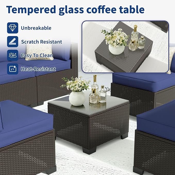 SHGJ&SOFT 7 Piece Outdoor Patio Furniture Set, All-Weather Rattan Wicker Modular Sectional Sofa Conversation Set with Water-Resistant Cushions & Tempered Glass Table for Backyard Poolside (Blue, 7pcs)