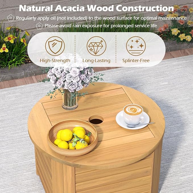 HAPPYGRILL Acacia Wood Outdoor Side Table with Umbrella Hole, Patio End Table with Storage, Removable Base, for Backyard, Balcony, Poolside