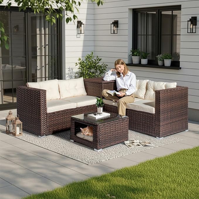 VINGLI 4 Pieces Outdoor Sectional Wicker Patio Furniture with Storage, Patio Sectional Sofa Outdoor Couch Conversation Set, Glass Top Coffee Table for Backyard, Pool, Garden(Brown)