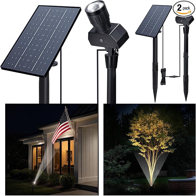 Solar Spot Lights Outdoor, Adjustable Beam Focus Uplights for Trees, Waterproof Separate Panel Bright Spotlight, LED Warm White & Daylight Selectable for House Exterior Flag 2 Pack