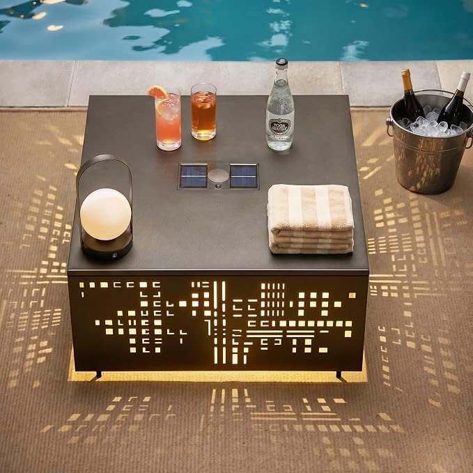 27" Outdoor Coffee Table with Solar Ambient Light & Umbrella Hole, All-Weather Rust-Resistant Metal Patio Table for Backyard Gatherings, Poolside, Small Balconies & Outdoor Living Spaces, Dark Grey