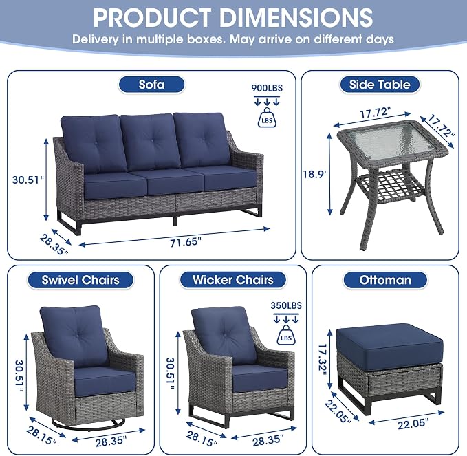 5 Piece Patio Furniture Set, Grey Wicker Outdoor Conversation Set with 2 Swivel Rocker Chairs, 2 Ottomans and Side Table, 6-Inch Thick Cushions, Blue Olefin Covers for Patio, Porch
