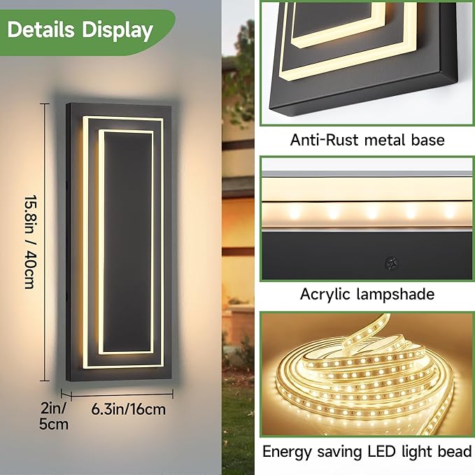 Modern Outdoor Square Wall Sconce LED,Exterior Lights 15.7 in,24W | Waterproof 2-Tier Patio Wall Light Fixture For House,Side Garage,Front Porch,Entrance With 3000K Light Bead,360° Angle,2PCS